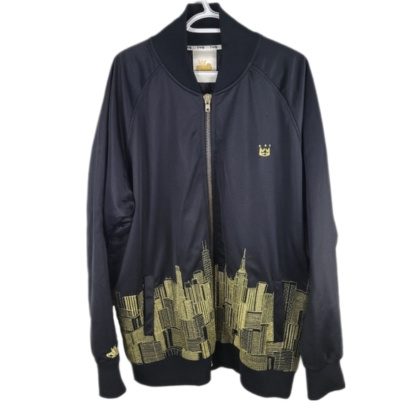 PNB NATION | satin gold thread embroidered NYC skyline zip bomber jacket - Picture 1 of 9